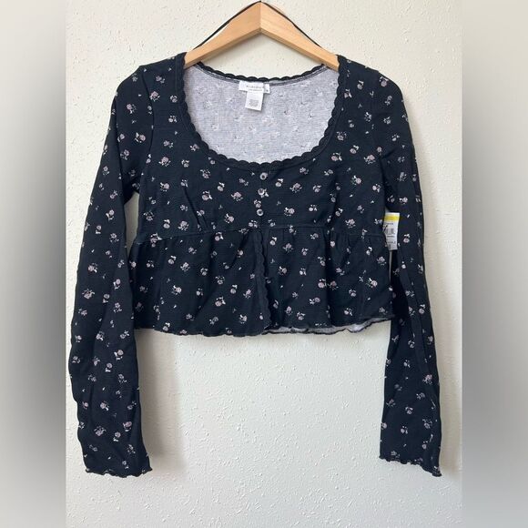 NWOT Kirious Floral Babydoll Top Black Waffle Knit Cropped Fairy Grunge Size S - Picture 2 of 9